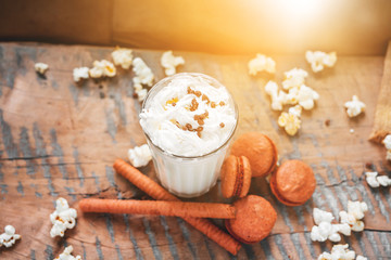 Milkshake with chocolate baking, popcorn