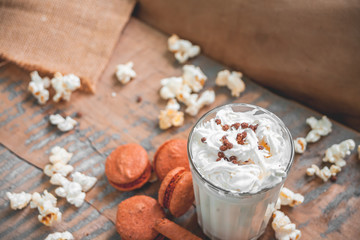 Milkshake with chocolate baking, popcorn