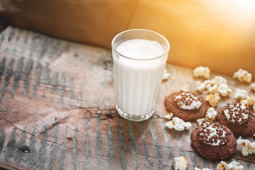 Milkshake with chocolate baking, popcorn