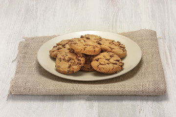 Chocolate chips cookies on plate with copyspace