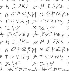Hand drawn doodle letters and decorative elements seamless pattern. Black and white background.