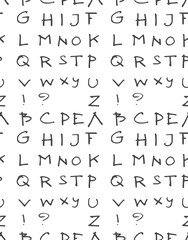 Hand drawn doodle letters and decorative elements seamless pattern. Black and white background.