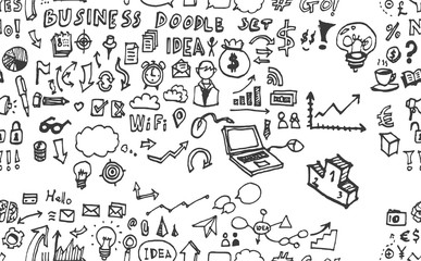 Hand drawn seamless doodle pattern with business symbols