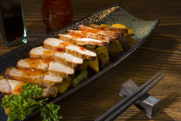 Meat on the Asian vegetable cushion