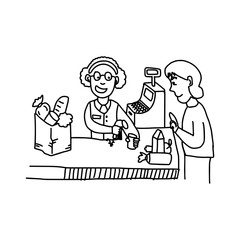 illustration vector hand drawn doodle of old woman using bar code isolated on white background