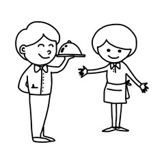 illustration vector hand drawn doodle of waiter and waitress isolated on white background