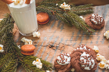 Chocolate milkshake with protection, popcorn