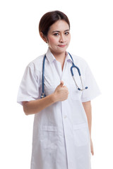 Asian young female doctor show thumbs up.