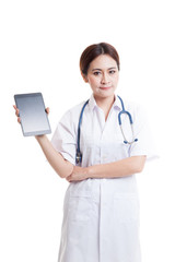 Asian young female doctor show tablet pc.