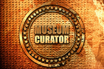 museum curator, 3D rendering, grunge metal stamp