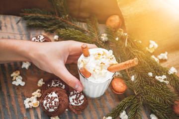 Chocolate milkshake with protection, popcorn
