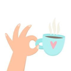 Hand holding cup with hot beverage. Coffee, tea. Vector cartoon illustration.