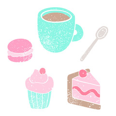 Cup, cake, macaroon and cupcake. Vector hand drawn objects isolated on white.
