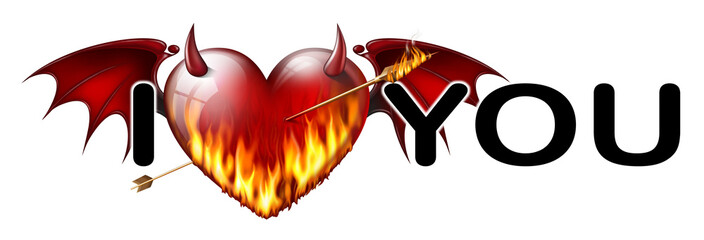 inscription I love you with a diabolical heart in flames