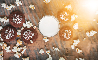 Milkshake with chocolate baking, popcorn