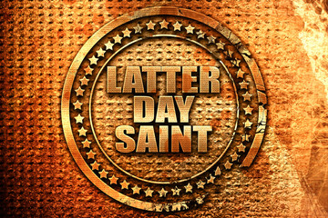 latter day saint, 3D rendering, grunge metal stamp