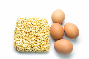 Noodle, Instant noodles and eggs isolated on white background