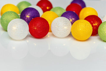 Bright Christmas garland spheres from threads on a white background