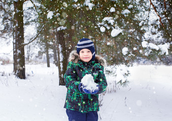 Fototapeta na wymiar The six-year-old boy is in the wood. Snowfall. Around a pine. The kid holds snow in hand.