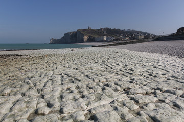 Closeup and detail of amazing row of eroded white stones at low tide, Etretat, Normandy, France