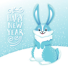 Card Happy New Year with cartoon rabbit. Funny bunny. Cute hare, snow and greeting text. Vector illustration