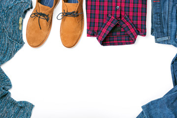 Frame of set men's autumn clothes on white background