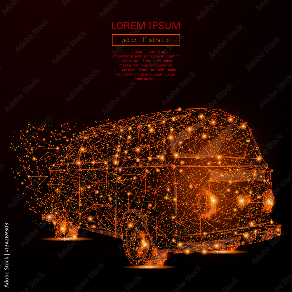 Poster Abstract mash line and point surfer van in flames style on dark background with an inscription. Starry sky or space, consisting of stars and the universe.