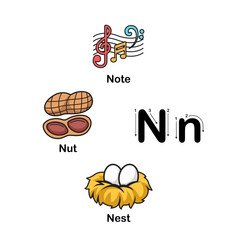Alphabet Letter N-note,nut,nest  illustration