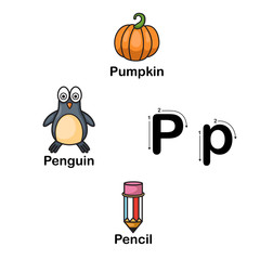 Naklejka premium Alphabet Letter P-pumpkin,penguin,pencil illustration