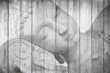 Fotobehang Badkamer Boeddha gezicht met kleur verf op hout achtergrond, vrede vintage kunst versieren Thaise stijl.