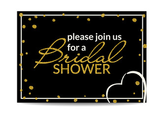 Bridal shower invitation with gold glitter text and dots
