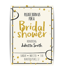 Bridal shower invitation with gold glitter text and dots