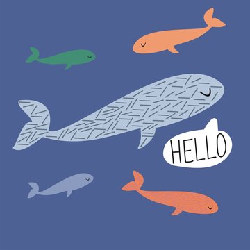 Vector poster with cartoon whales. Hand written "Hello".