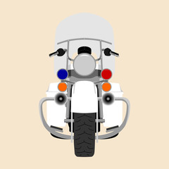 Classic police patrol heavy motorcycle with clear front windshield face view isolated vector illustration