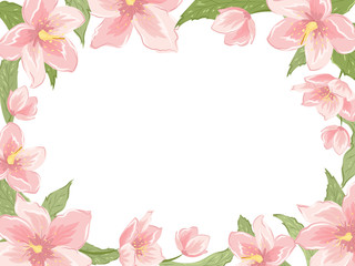 Fototapeta na wymiar Rectangular border frame template with pink sakura magnolia hellebore flowers on white background. Horizontal landscape orientation. Vector design illustration blooming floral wreath garland foliage.