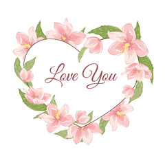 Naklejka premium Heart shape floral wreath garland foliage with pink rose magnolia sakura hellebore flowers. Love you text placeholder. Valentine Day greeting card template. Vector design illustration.
