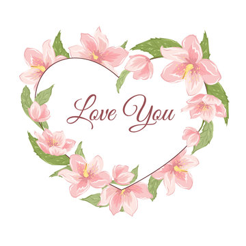 Heart shape floral wreath garland foliage with pink rose magnolia sakura hellebore flowers. Love you text placeholder. Valentine Day greeting card template. Vector design illustration.