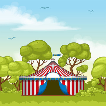 Illustration of a colorful circus tent in summer