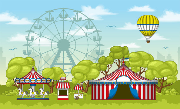 Illustration of an amusement park in summer