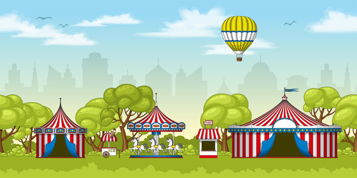 Illustration of a colorful circus in summer