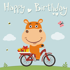 Happy birthday! Funny hippo on bike with gifts. Birthday card with cute hippo in cartoon style.