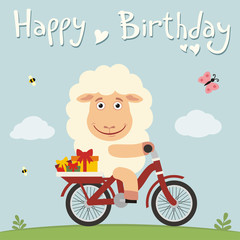 Happy birthday! Funny sheep on bike with gifts. Birthday card with cute sheep in cartoon style.