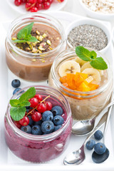 assorted breakfast of chia seeds and fruits in jars, top view