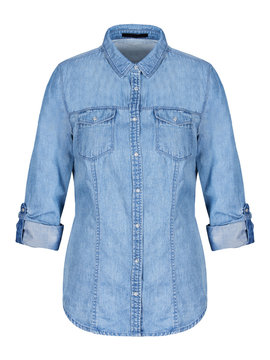 Womans Blue Denim Shirt On Invisible Mannequin Isolated On White