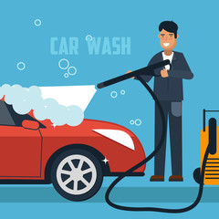 Car wash concept illustration. Man washing car banner. Car wash vector illustration with sport car and man in overall.