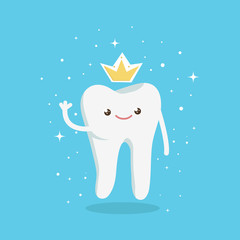Tooth in crown. Clean and shiny tooth king. Dental vector illustration. Happy tooth illustration for stomatology clinic and advertisement.