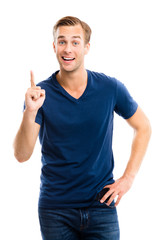 Naklejka premium young man showing up or idea gesture