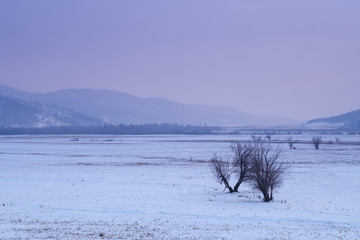 View of snow-covered mountains on a cold day