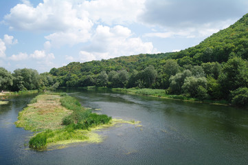 Fototapeta premium River landscape and wood