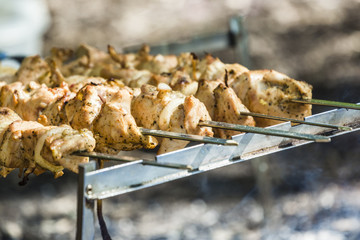 cooking pork shashlik on skewer